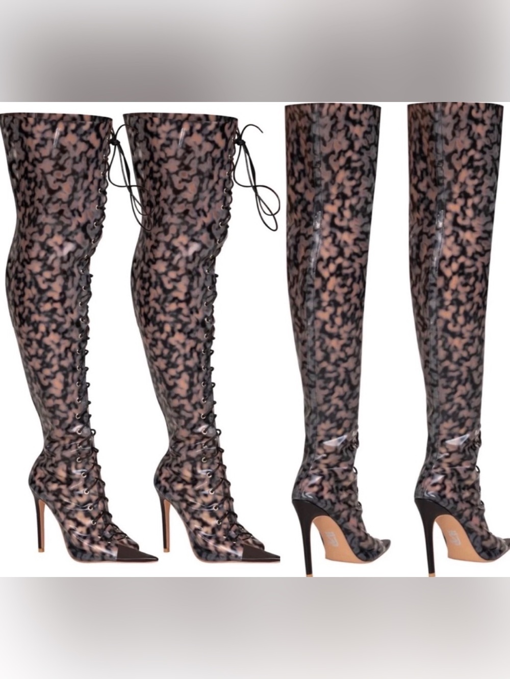 Lace-Up Over-the-Knee Patterned Heeled Boots - Black & Hue blue